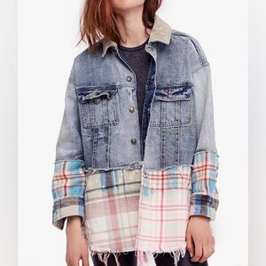 Free People Sirius Cotton Plaid-Contrast Denim Jacket